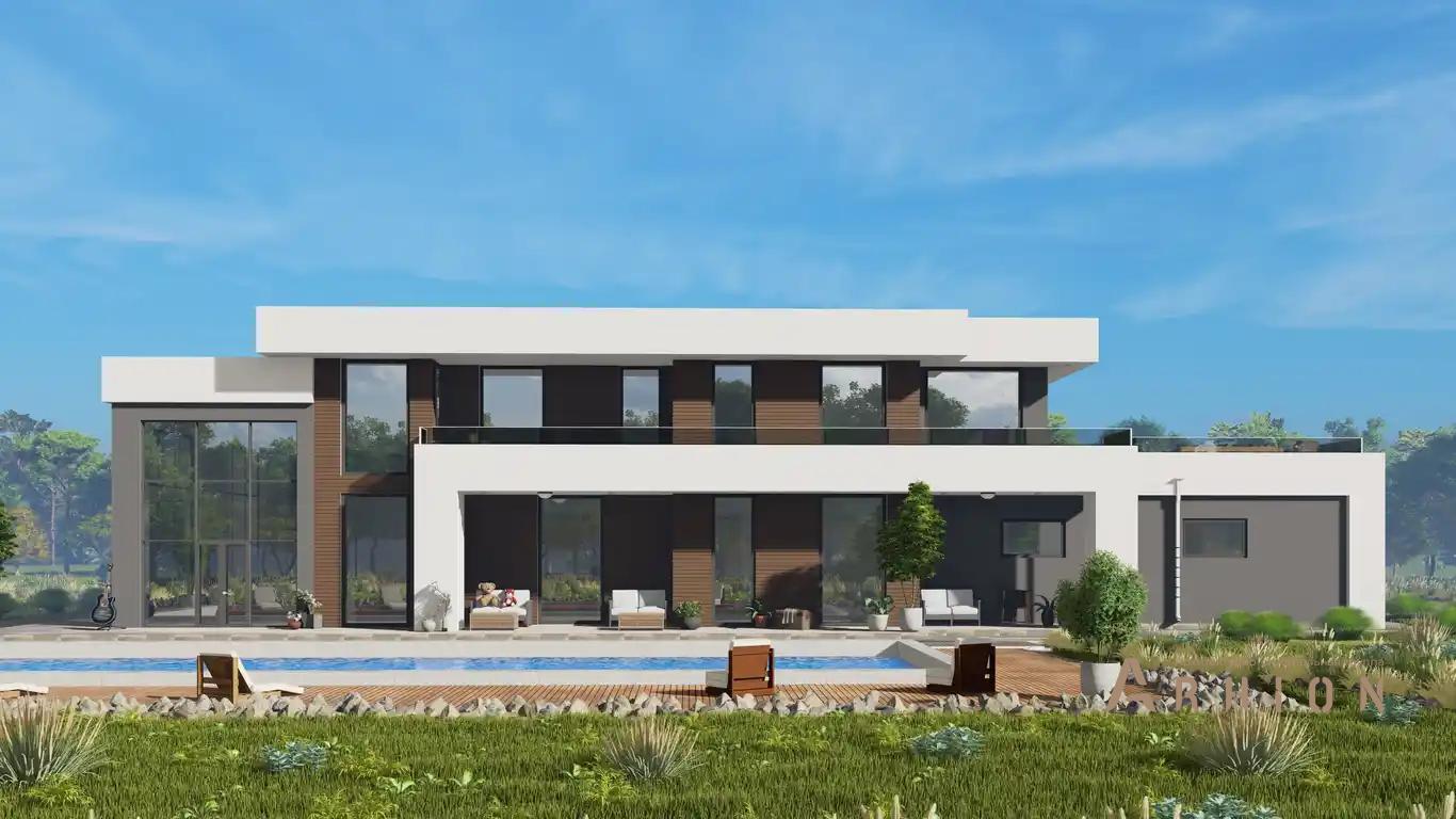 4. Проект двухэтажного дома в стиле хай-тек с плоской кровлей , h-1603, площадью - 639 кв c терассой, балконом, гаражом, вторым светом